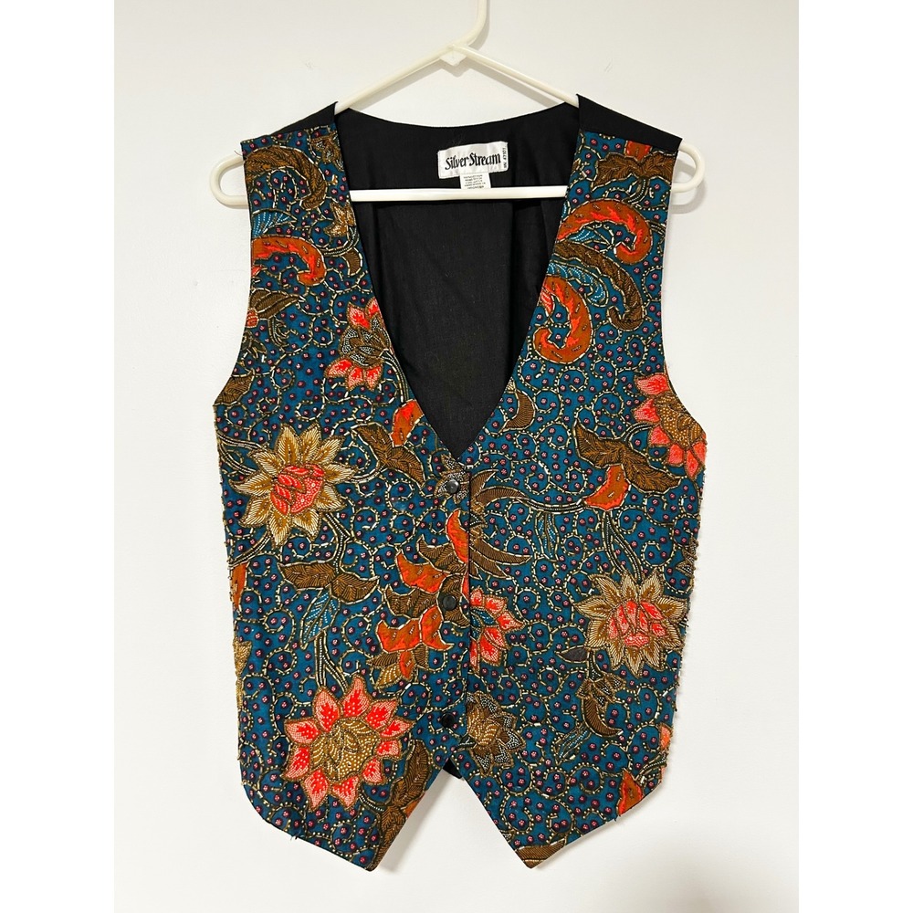 Vintage Silver Stream Beaded Batik Floral Vest Cotton Teal Orange Black Boho M